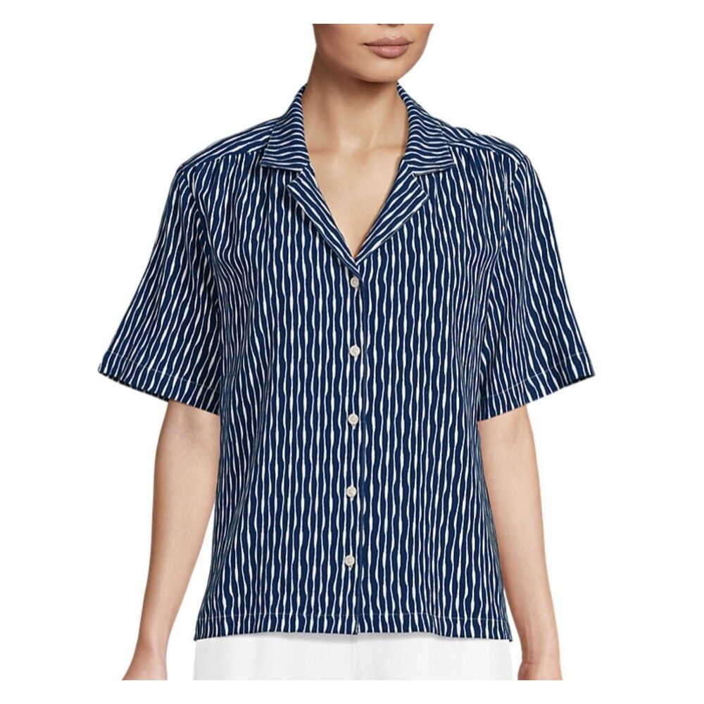 NWT Lands' End Navy Striped Button-Up Camp Shirt